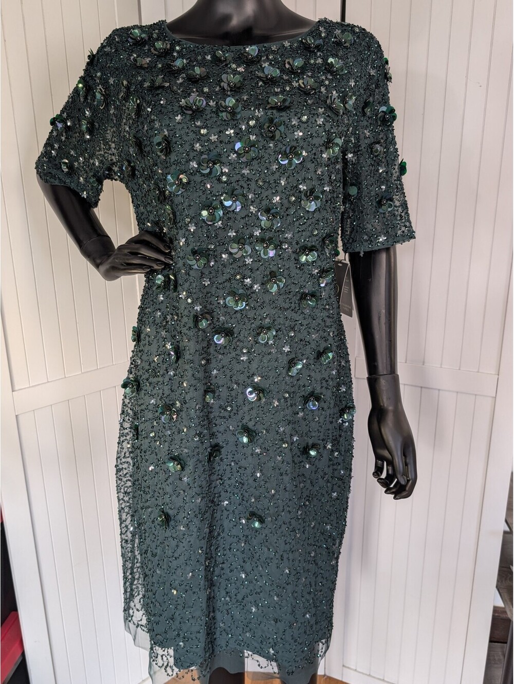 NWT Adrianna Papell Beaded Cocktail Dress 14 Emerald Sequin Floral Sheath
